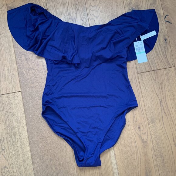Trina Turk Paddle Suit Ruffle Monaco Navy Off Shoulder One Piece Swimsuit Size 8 - Picture 2 of 11
